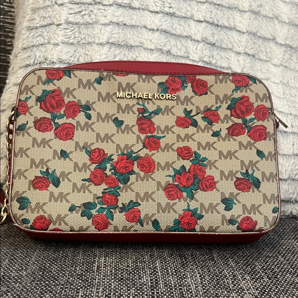 Michael Kors Red and Green Floral Crossbody Bag